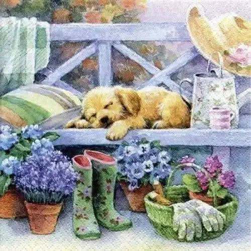 Luncheon Napkins Flowers & Sleeping Puppy Treasures of my HeART